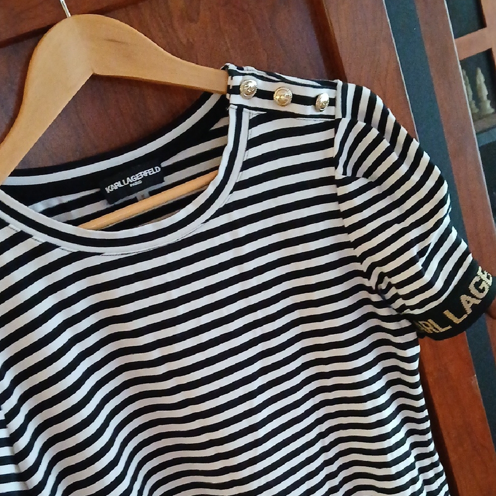 Karl Lagerfeld Striped Short Sleeve Dress with Button Detail